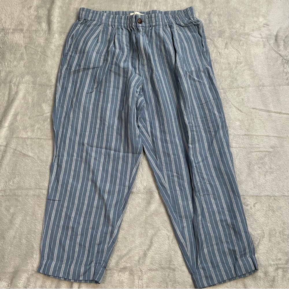 Madewell Pants Medium Linen Blend Track Trouser Crop Relaxed Blue Stripe